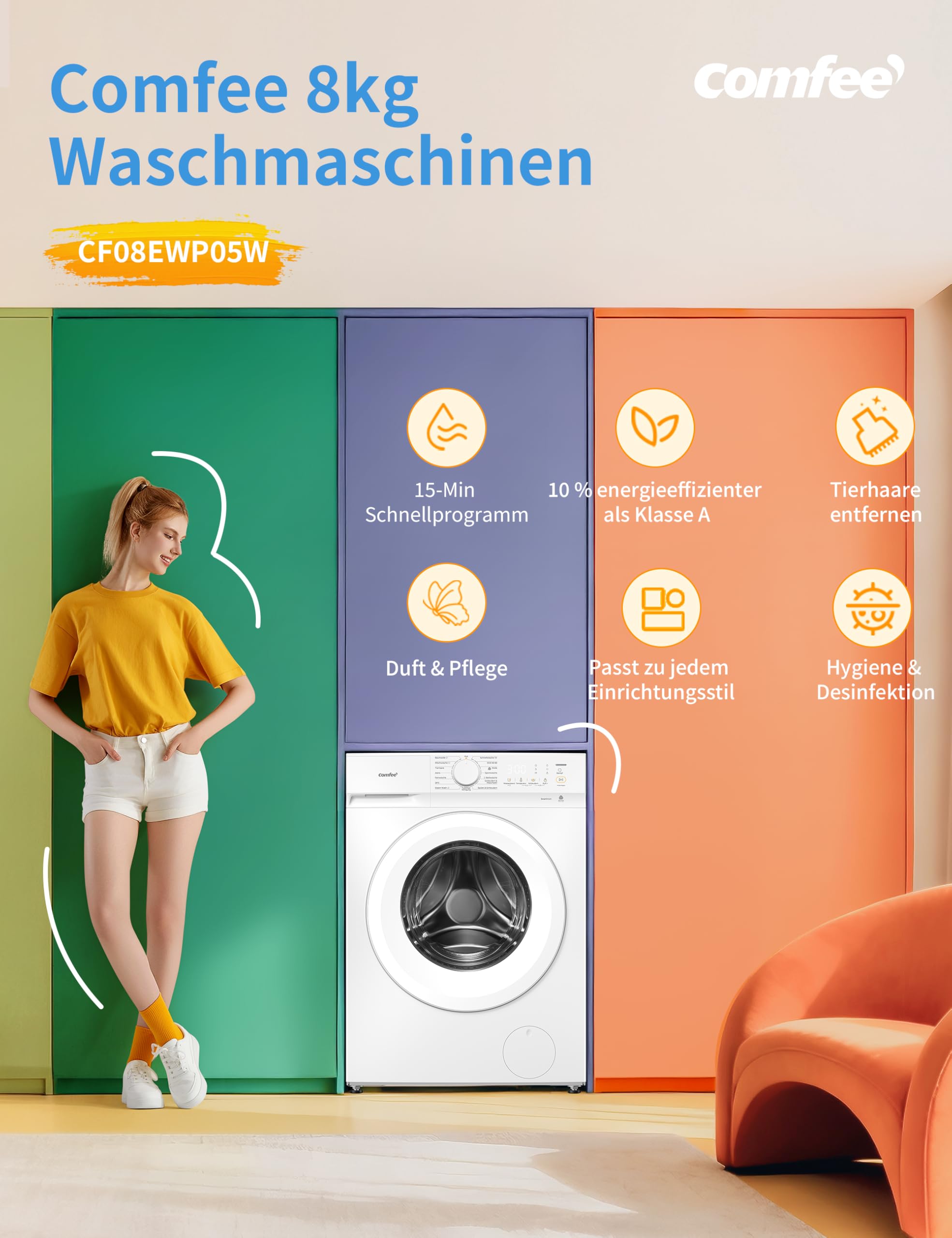 comfee-cf08ewp05w-frontlader-waschmaschine-8kg-a-10 image 2
